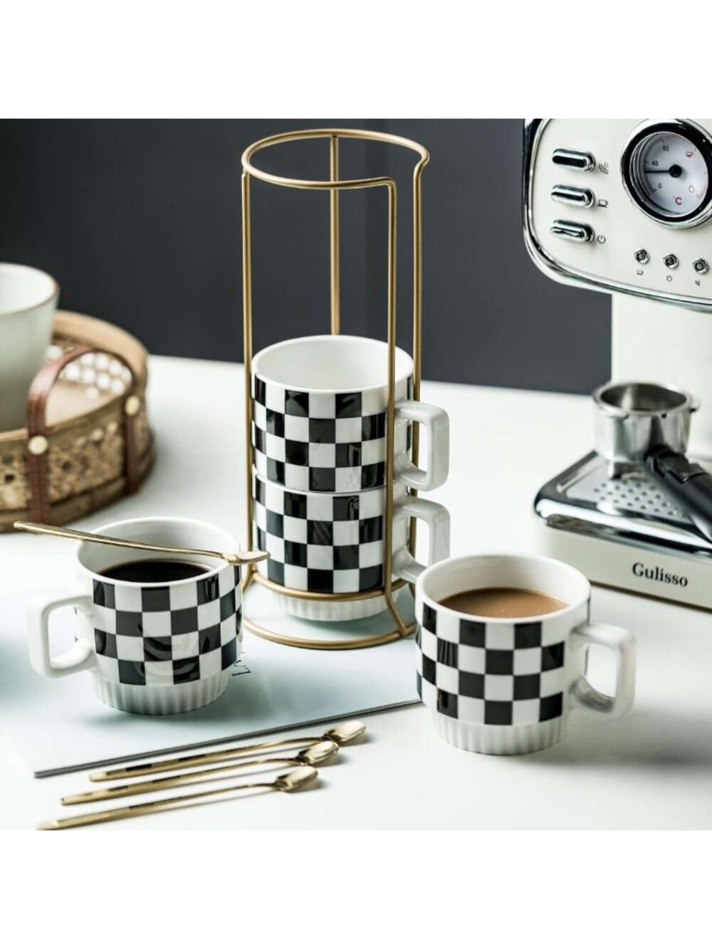 4-Piece Stackable Coffee Mug Set with Rack & Spoons - Space-Saving Design - Picture 6 of 9